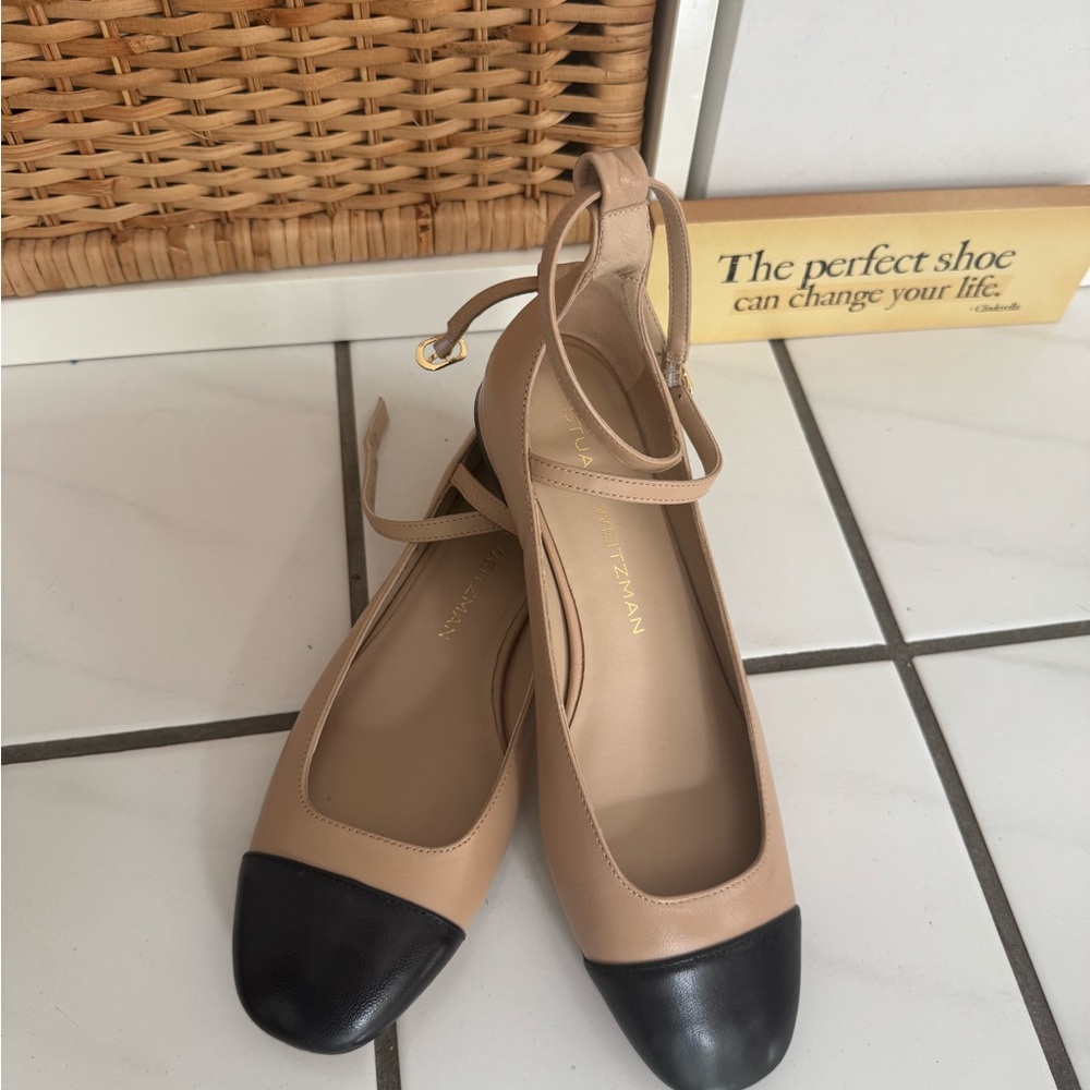 Stuart Weitzman Two-Tone Beige and Black Ankle-Strap Flats